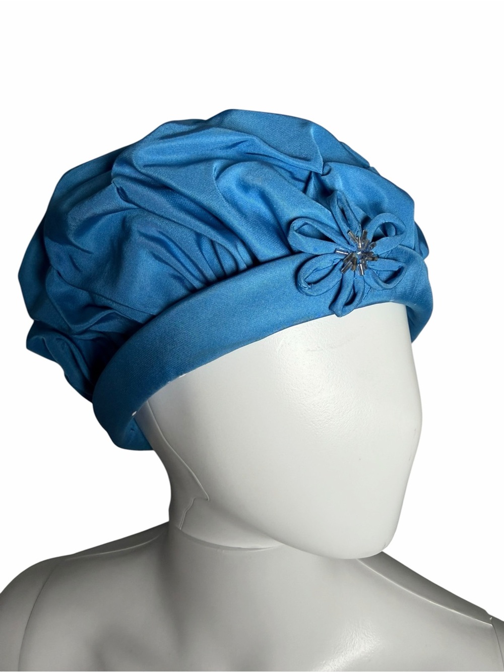 Vintage Blue Satin Cloche Cap with Decorative Flower